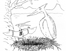 A cartoon showing a baby pterodactyl showing its Swarthmore sweater to its parent.